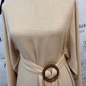 Sophisticated Beige Long Sleeve Dress with Statement Buckle